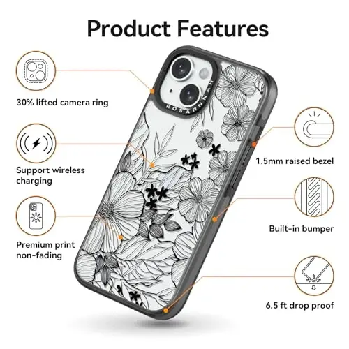 casevivid Compatible for iPhone 15 Case Cute Aesthetic - Durable Shockproof 6.6 ft Drop Impact Phone Case Cover with Funny Fashion Black Wildflower 6.1