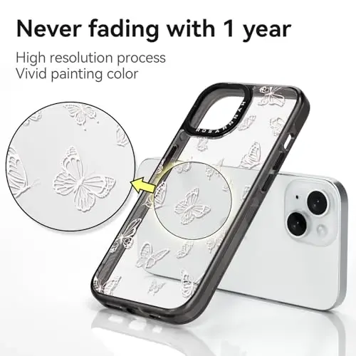casevivid Compatible for iPhone 15 Case Cute Aesthetic - Durable Shockproof 6.6 ft Drop Impact Phone Case Cover with Funny Fashion Butterfly 6.1
