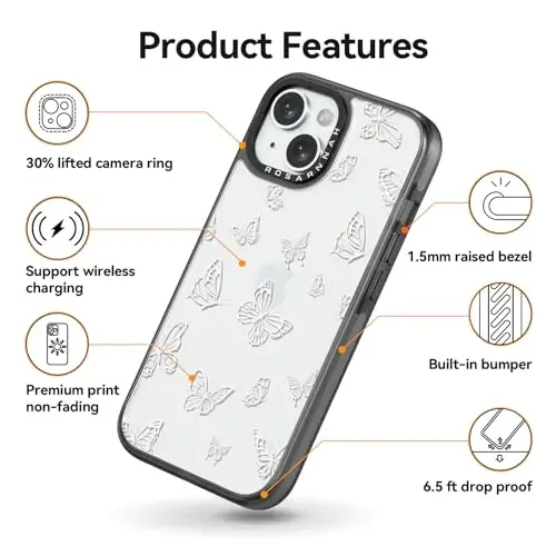casevivid Compatible for iPhone 15 Case Cute Aesthetic - Durable Shockproof 6.6 ft Drop Impact Phone Case Cover with Funny Fashion Butterfly 6.1