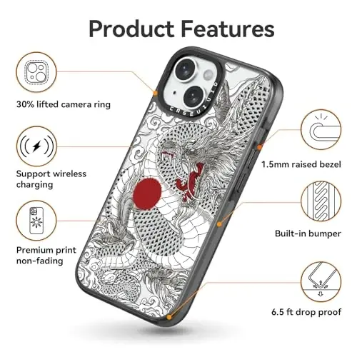 casevivid Compatible for iPhone 15 Case Cute Aesthetic - Durable Shockproof 6.6 ft Drop Impact Phone Case Cover with Funny Fashion Chinese Dragon 6.1