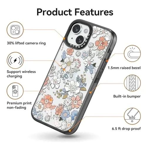 casevivid Compatible for iPhone 15 Case Cute Aesthetic - Durable Shockproof 6.6 ft Drop Impact Phone Case Cover with Funny Fashion Lovely Flower 6.1