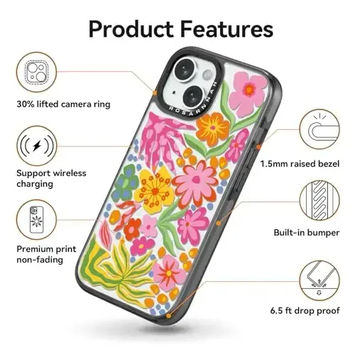 casevivid Compatible for iPhone 15 Case Cute Aesthetic - Durable Shockproof 6.6 ft Drop Impact Phone Case Cover with Funny Fashion Passion Flower 6.1