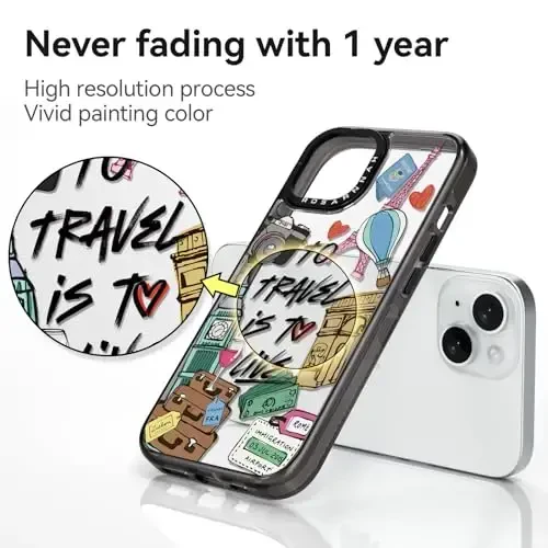 casevivid Compatible for iPhone 15 Case Cute Aesthetic - Durable Shockproof 6.6 ft Drop Impact Phone Case Cover with Funny Fashion to Travel is to Live 6.1