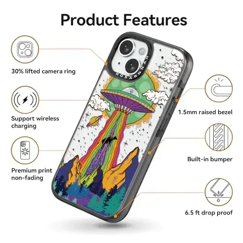 casevivid Compatible for iPhone 15 Case Cute Aesthetic - Durable Shockproof 6.6 ft Drop Impact Phone Case Cover with Funny Fashion UFO 6.1