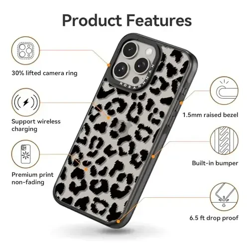 casevivid Compatible for iPhone 15 Pro Case Cute Aesthetic - Durable Shockproof 6.6 ft Drop Impact Phone Case Cover with Funny Fashion Big Black Leopard Print 6.1
