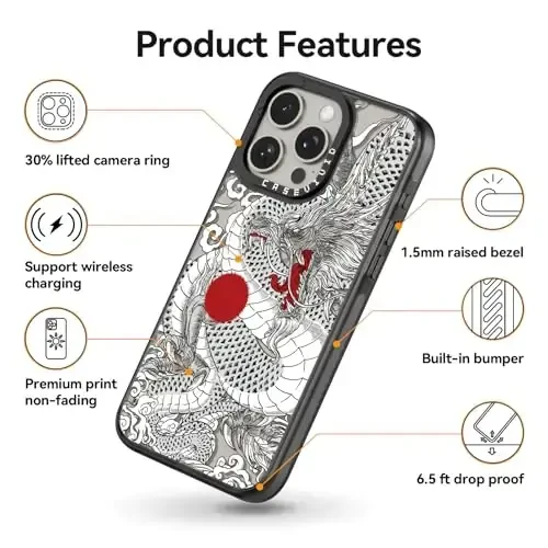 casevivid Compatible for iPhone 15 Pro Case Cute Aesthetic - Durable Shockproof 6.6 ft Drop Impact Phone Case Cover with Funny Fashion Chinese Dragon 6.1
