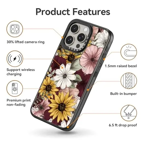 casevivid Compatible for iPhone 15 Pro Case Cute Aesthetic - Durable Shockproof 6.6 ft Drop Impact Phone Case Cover with Funny Fashion Sunflower 6.1