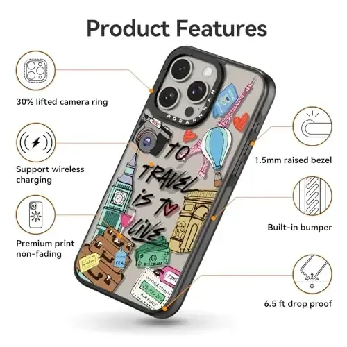casevivid Compatible for iPhone 15 Pro Case Cute Aesthetic - Durable Shockproof 6.6 ft Drop Impact Phone Case Cover with Funny Fashion to Travel is to Live 6.1