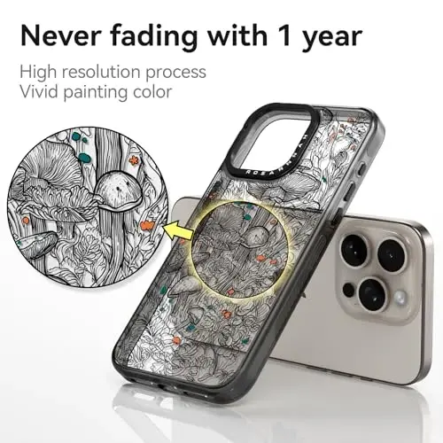 casevivid Compatible for iPhone 15 Pro Max Case Cute Aesthetic - Durable Shockproof 6.6 ft Drop Impact Phone Case Cover with Funny Fashion Black Mushroom 6.7
