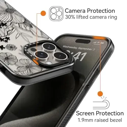 casevivid Compatible for iPhone 15 Pro Max Case Cute Aesthetic - Durable Shockproof 6.6 ft Drop Impact Phone Case Cover with Funny Fashion Black Wildflower 6.7