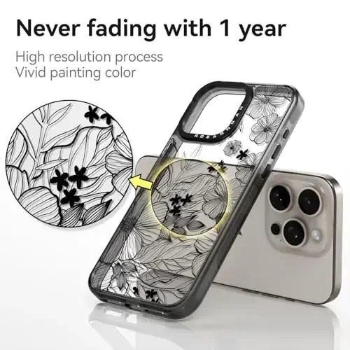 casevivid Compatible for iPhone 15 Pro Max Case Cute Aesthetic - Durable Shockproof 6.6 ft Drop Impact Phone Case Cover with Funny Fashion Black Wildflower 6.7