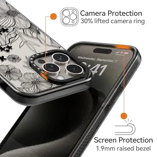 casevivid Compatible for iPhone 15 Pro Max Case Cute Aesthetic - Durable Shockproof 6.6 ft Drop Impact Phone Case Cover with Funny Fashion Black Wildflower 6.7