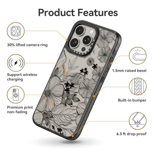 casevivid Compatible for iPhone 15 Pro Max Case Cute Aesthetic - Durable Shockproof 6.6 ft Drop Impact Phone Case Cover with Funny Fashion Black Wildflower 6.7