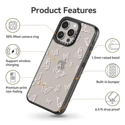 casevivid Compatible for iPhone 15 Pro Max Case Cute Aesthetic - Durable Shockproof 6.6 ft Drop Impact Phone Case Cover with Funny Fashion Butterfly 6.7