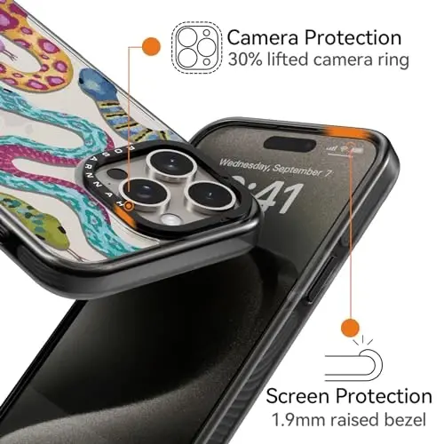 casevivid Compatible for iPhone 15 Pro Max Case Cute Aesthetic - Durable Shockproof 6.6 ft Drop Impact Phone Case Cover with Funny Fashion Snake 6.7