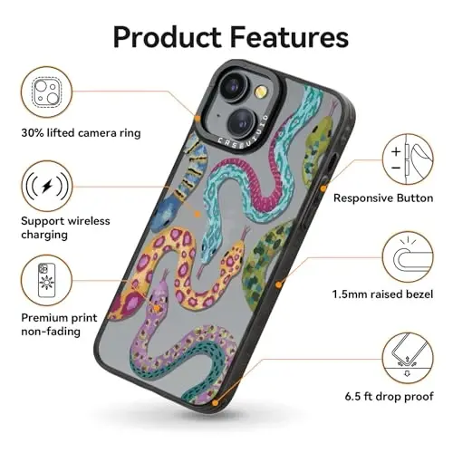 casevivid for iPhone 13 Case Aesthetic Black, Snake | Cute Funny Pattern Design for Girls Women Men, Durable Shockproof 6.1