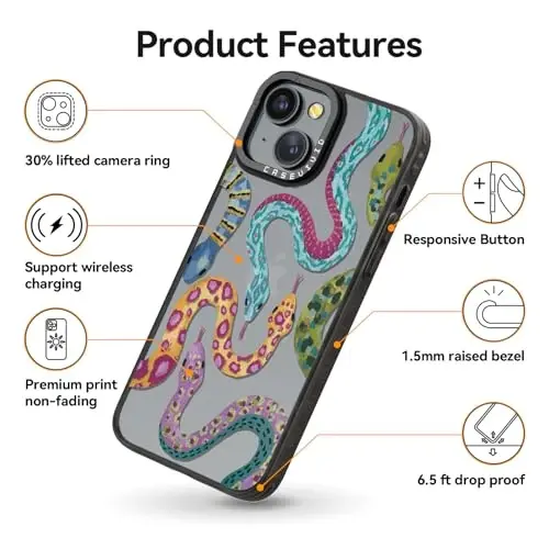 casevivid for iPhone 14 Case Aesthetic Black, Snake | Cute Funny Pattern Design for Girls Women Men, Durable Shockproof 6.1