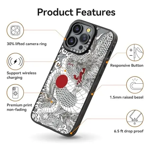 casevivid for iPhone 14 Pro Case Aesthetic Black, Chinese Dragon | Cute Funny Pattern Design for Girls Women Men, Durable Shockproof 6.1