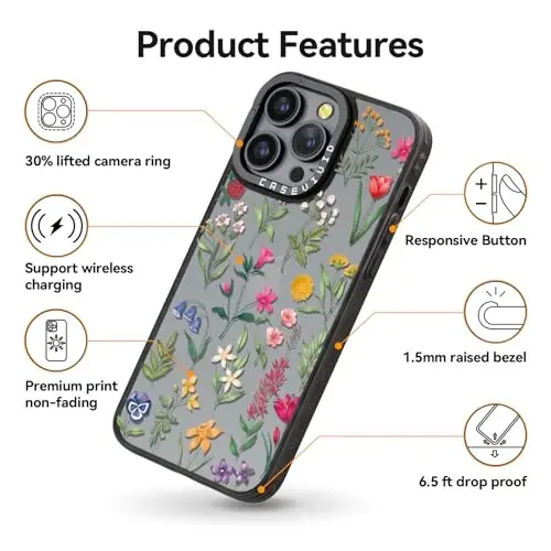 casevivid for iPhone 14 Pro Max Case Aesthetic Black, Nature Flower V | Cute Funny Pattern Design for Girls Women Men, Durable Shockproof 6.7