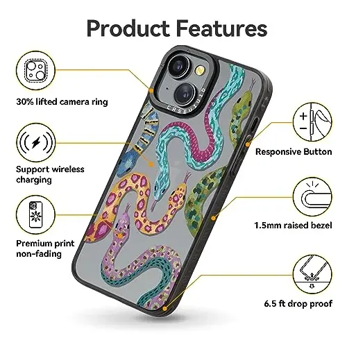 casevivid for iPhone 15 Case Aesthetic Black, Snake | Cute Funny Pattern Design for Girls Women Men, Durable Shockproof 6.1
