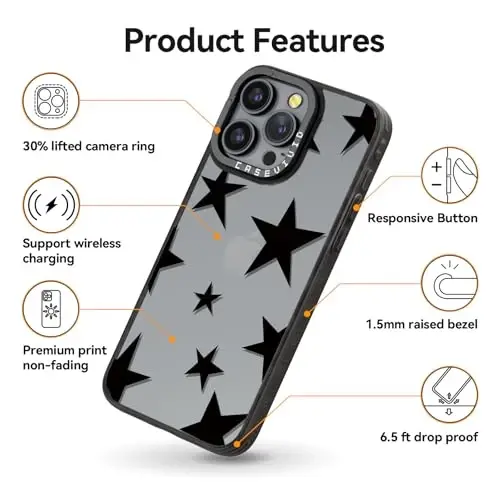 casevivid for iPhone 15 Pro Case Aesthetic Black, Five-Pointed Star | Cute Funny Pattern Design for Girls Women Men, Durable Shockproof 6.1