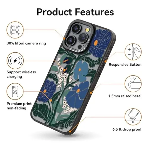 casevivid for iPhone 15 Pro Max Case Aesthetic Black, Passiflora Caerulea | Cute Funny Pattern Design for Girls Women Men, Durable Shockproof 6.7