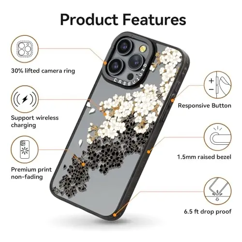 casevivid for iPhone 15 Pro Max Case Aesthetic Black, Plum Blossom | Cute Funny Pattern Design for Girls Women Men, Durable Shockproof 6.7