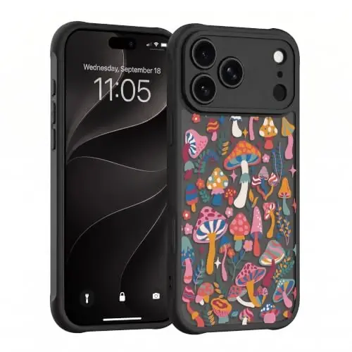casevivid for iPhone 18 Pro Case Aesthetic Black, Mushroom Jungle | Cute Funny Pattern Design for Girls Women Men, Durable Shockproof 6.3