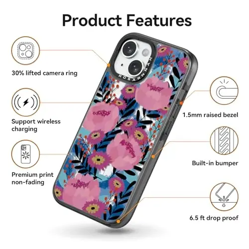 casevivid Magnetic for iPhone 15 Magsafe Case Cute Aesthetic - Durable Shockproof 6.6 ft Drop Impact Phone Case Cover with Funny Fashion Messy Flower 6.1