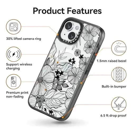 casevivid Magnetic for iPhone 15 Magsafe Case Cute Aesthetic - Durable Shockproof 6.6 ft Drop Impact Phone Case Cover with Funny Fashion Black Wildflower 6.1
