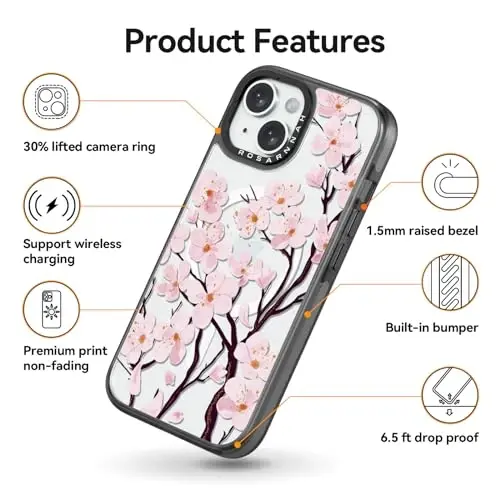 casevivid Magnetic for iPhone 15 Magsafe Case Cute Aesthetic - Durable Shockproof 6.6 ft Drop Impact Phone Case Cover with Funny Fashion Cherry Blossom 6.1