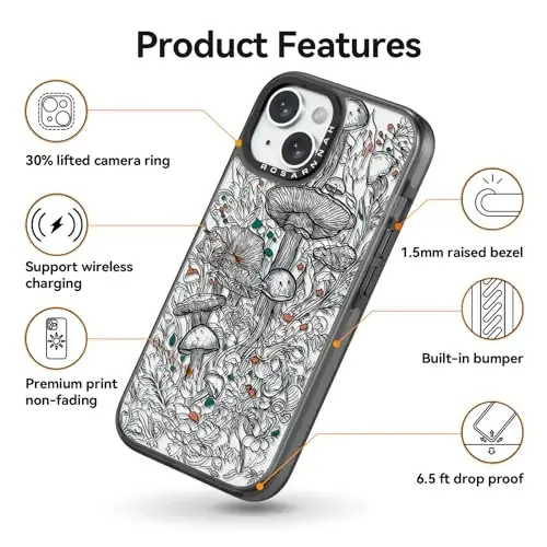 casevivid for iPhone 15 Case Aesthetic Black, Lovely Flower | Compatible with Magsafe 6.1