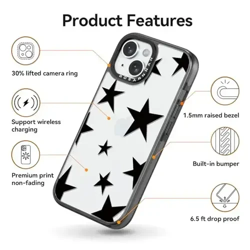 casevivid Compatible for iPhone 15 Case Cute Aesthetic - Durable Shockproof 6.6 ft Drop Impact Phone Case Cover with Funny Fashion Five-Pointed Star 6.1