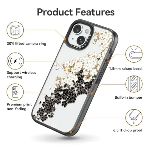 casevivid Compatible for iPhone 15 Case Cute Aesthetic - Durable Shockproof 6.6 ft Drop Impact Phone Case Cover with Funny Fashion Plum Blossom 6.1