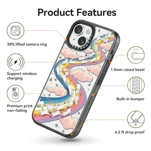 casevivid Compatible for iPhone 15 Case Cute Aesthetic - Durable Shockproof 6.6 ft Drop Impact Phone Case Cover with Funny Fashion Rainbow Rabbit 6.1