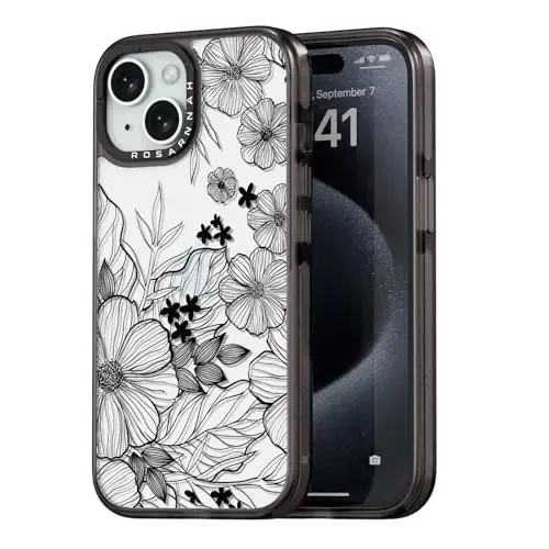 casevivid for iPhone 15 Case Aesthetic Black, Black Wildflower | Cute Funny Pattern Design for Girls Women Men, Durable Shockproof 6.1