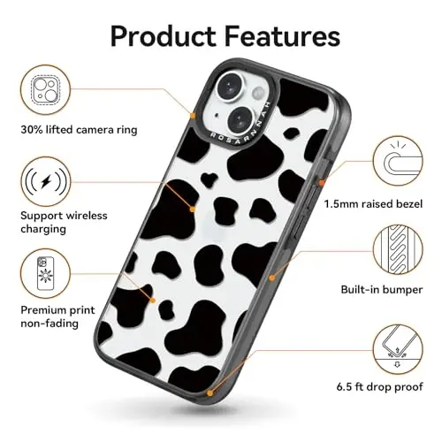 casevivid Compatible for iPhone 15 Case Cute Aesthetic - Durable Shockproof 6.6 ft Drop Impact Phone Case Cover with Funny Fashion Milk Cow Print 6.1