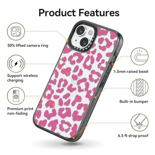 casevivid Compatible for iPhone 15 Case Cute Aesthetic - Durable Shockproof 6.6 ft Drop Impact Phone Case Cover with Funny Fashion Pink Leopard 6.1