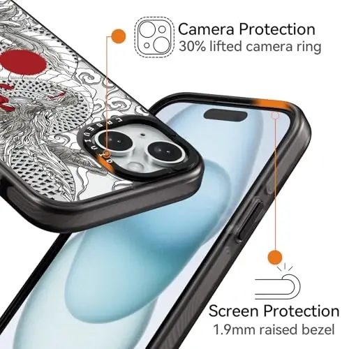 casevivid Compatible for iPhone 15 Case Cute Aesthetic - Durable Shockproof 6.6 ft Drop Impact Phone Case Cover with Funny Fashion Chinese Dragon 6.1