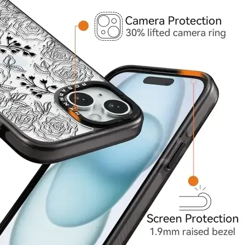 casevivid Compatible for iPhone 15 Case Cute Aesthetic - Durable Shockproof 6.6 ft Drop Impact Phone Case Cover with Funny Fashion Black Rose 6.1