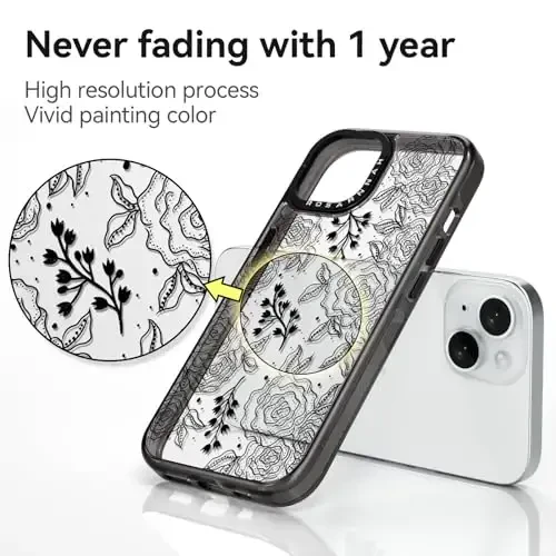 casevivid Compatible for iPhone 15 Case Cute Aesthetic - Durable Shockproof 6.6 ft Drop Impact Phone Case Cover with Funny Fashion Black Rose 6.1