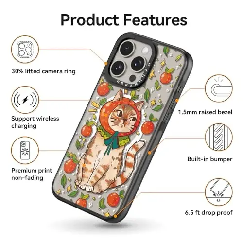 casevivid for iPhone 15 Pro Case Aesthetic Black, Kitty Cat | Compatible with Magsafe 6.1