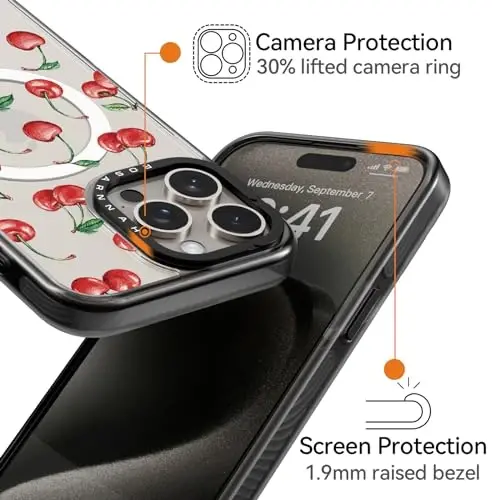 casevivid iPhone 15 Pro için Mıknatıslı Magsafe Kılıfı Sevimli Estetik - Dayanıklı Darbeye Dayanıklı 2 m Düşme Etkili Telefon Kılıfı Komik Moda Kirazlı 15,5 cm Siyah - 3