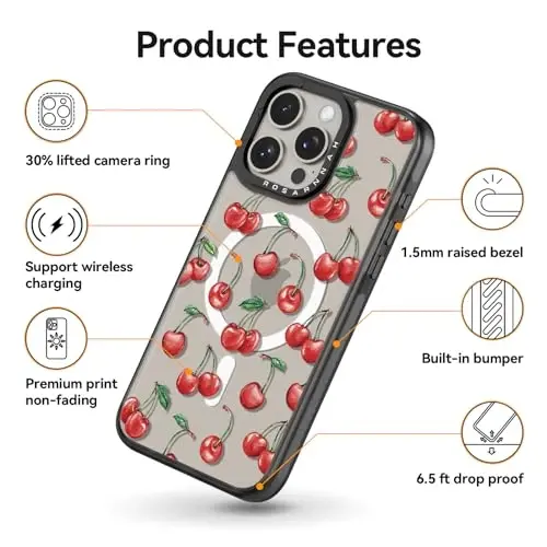 casevivid iPhone 15 Pro için Mıknatıslı Magsafe Kılıfı Sevimli Estetik - Dayanıklı Darbeye Dayanıklı 2 m Düşme Etkili Telefon Kılıfı Komik Moda Kirazlı 15,5 cm Siyah - 5