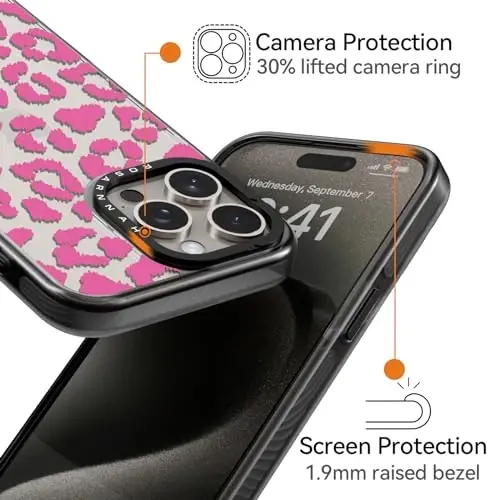 casevivid iPhone 15 Pro Kılıf ile Uyumlu Sevimli Estetik - Dayanıklı Darbeye Dayanıklı 2 Metre Düşme Darbe Telefon Kılıfı Kapak Eğlenceli Moda Pembe Leopar 6.1