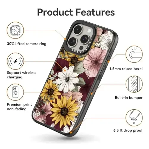 casevivid Compatible for iPhone 15 Pro Case Cute Aesthetic - Durable Shockproof 6.6 ft Drop Impact Phone Case Cover with Funny Fashion Sunflower 6.1