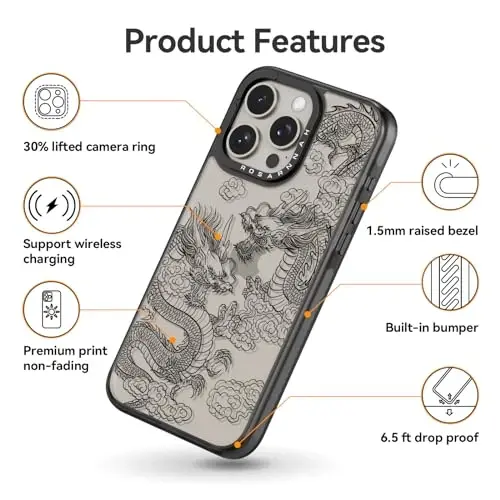 casevivid Compatible for iPhone 15 Pro Case Cute Aesthetic - Durable Shockproof 6.6 ft Drop Impact Phone Case Cover with Funny Fashion Dragon 6.1