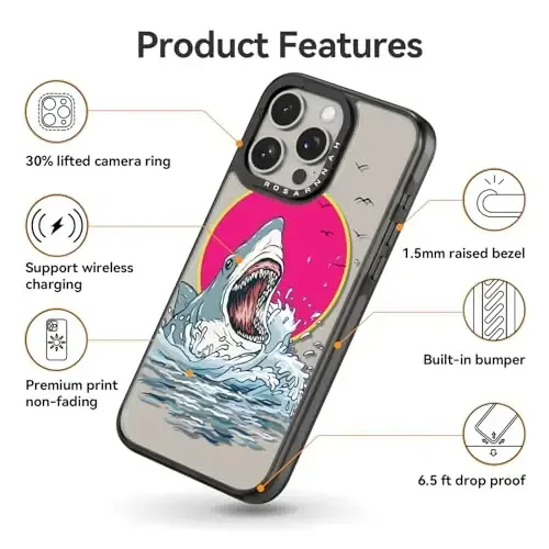 casevivid Compatible for iPhone 15 Pro Case Cute Aesthetic - Durable Shockproof 6.6 ft Drop Impact Phone Case Cover with Funny Fashion Shark 6.1