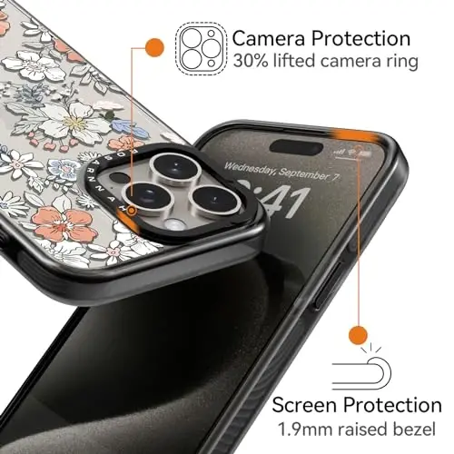 casevivid iPhone 15 Pro Max g‘ilofi uchun mos keladi, yoqimli estetik - bardoshli, zarbaga chidamli, 6.6 fut balandlikdan tushganda himoya qiluvchi, qiziqarli va zamonaviy gulli dizayndagi 6.7 dyuymli qora telefon g‘ilofi - 3