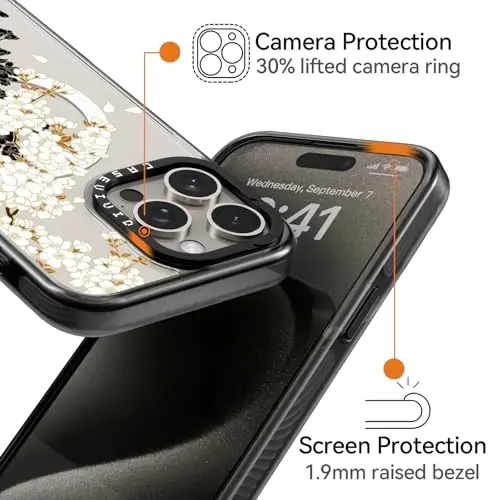casevivid for iPhone 15 Pro Max Case Aesthetic Black, Plum Blossom | Compatible with Magsafe 6.7